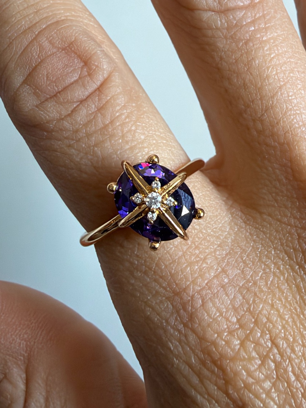 Gold Ring with Purple Gemstone and Clear Accent Stones - Size 6